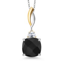 925 Silver and 10K Yellow Gold Black Onyx and White Moissanite Pendant 2-Stone Necklace for Women | 5.73 Cttw | Gemstone December Birthstone | Cushion Checkerboard 12MM | With 18 inch Chain