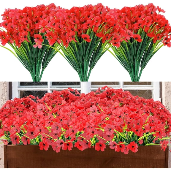 12 Bundles Artificial Flowers for Outdoors, Fake Silk Violet Flowers Faux Plants UV Resistant for Hanging Planters Window Box Front Porch Indoor Outside Decorations (Red)