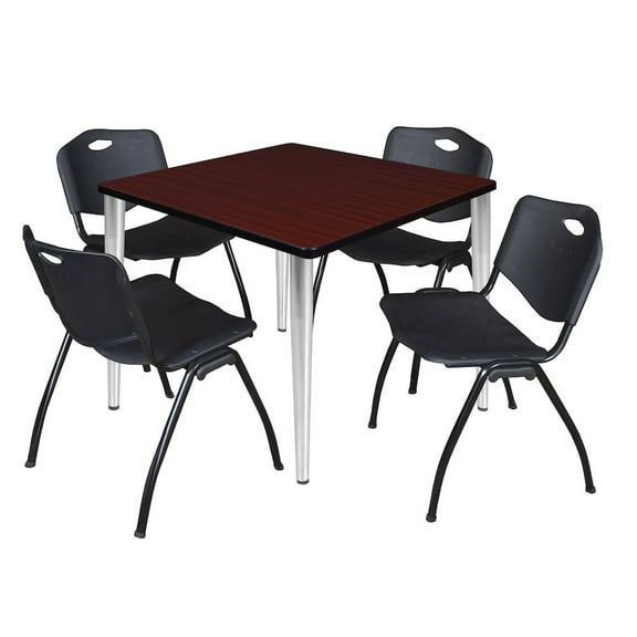 Regency 42 Square Breakroom Table- Mahogany Top, Chrome Base & 4 M Stack Chairs- Black