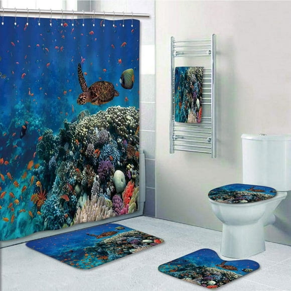 EREHome Exotic Fish Turtle in Fresh Water on Stony Corals Bio 5 Piece Bathroom Set Shower Curtain Bath Towel Bath Rug Contour Mat and Toilet Lid Cover