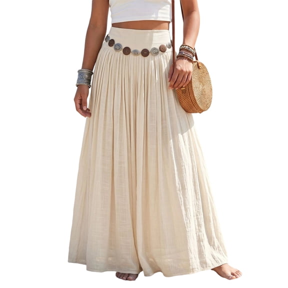 Womens Boho Linen Maxi Skirt Elastic High Waist Pleated A-Line Flowy Breathable Long Skirt for Summer Beach, Resort, Vacation and Party