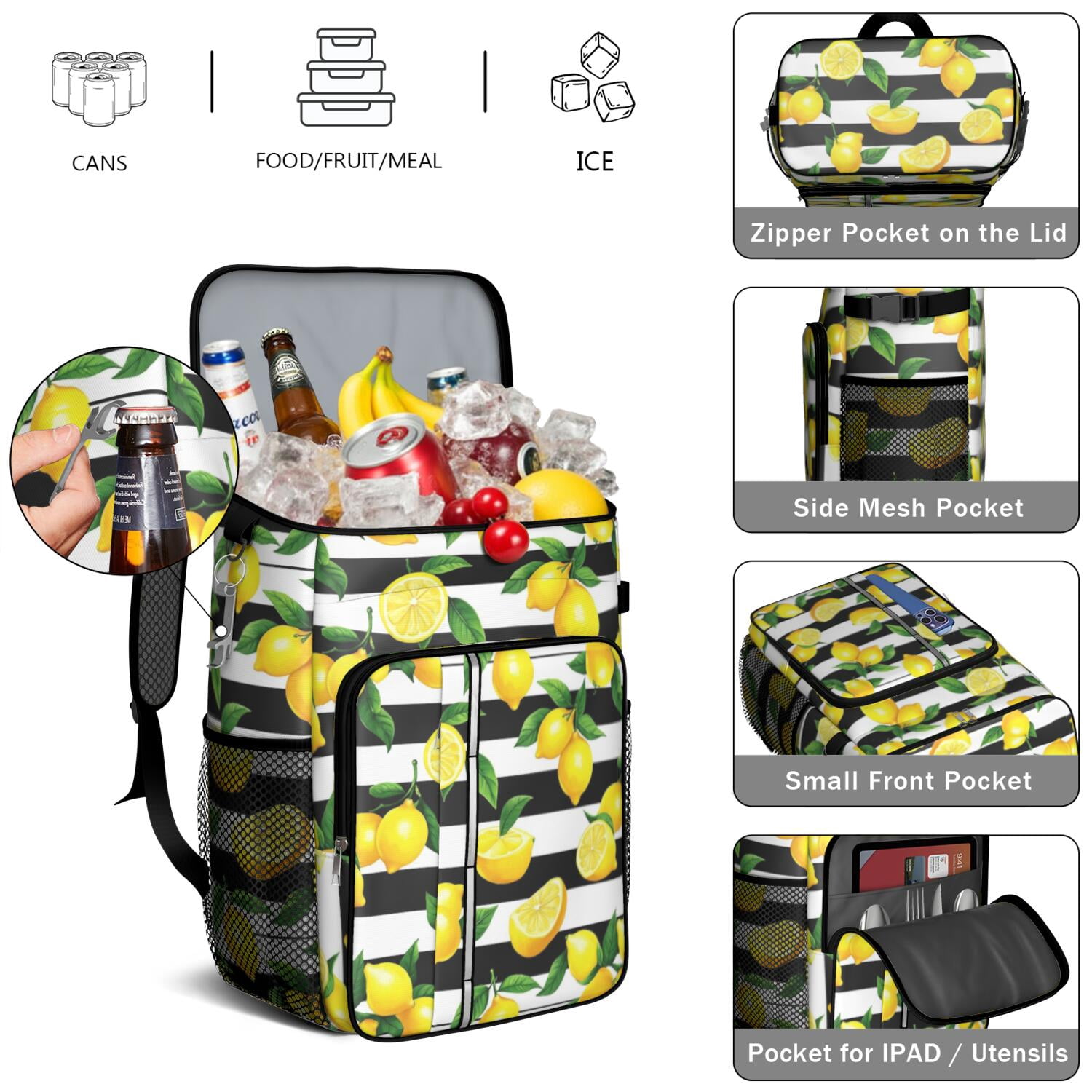 Travel Cooler Bag - Lemon Camping Beer Cooler Backpack with Bottle Opener- Waterproof Insulated Picnic Backpacks - Cooler Bag for Beach