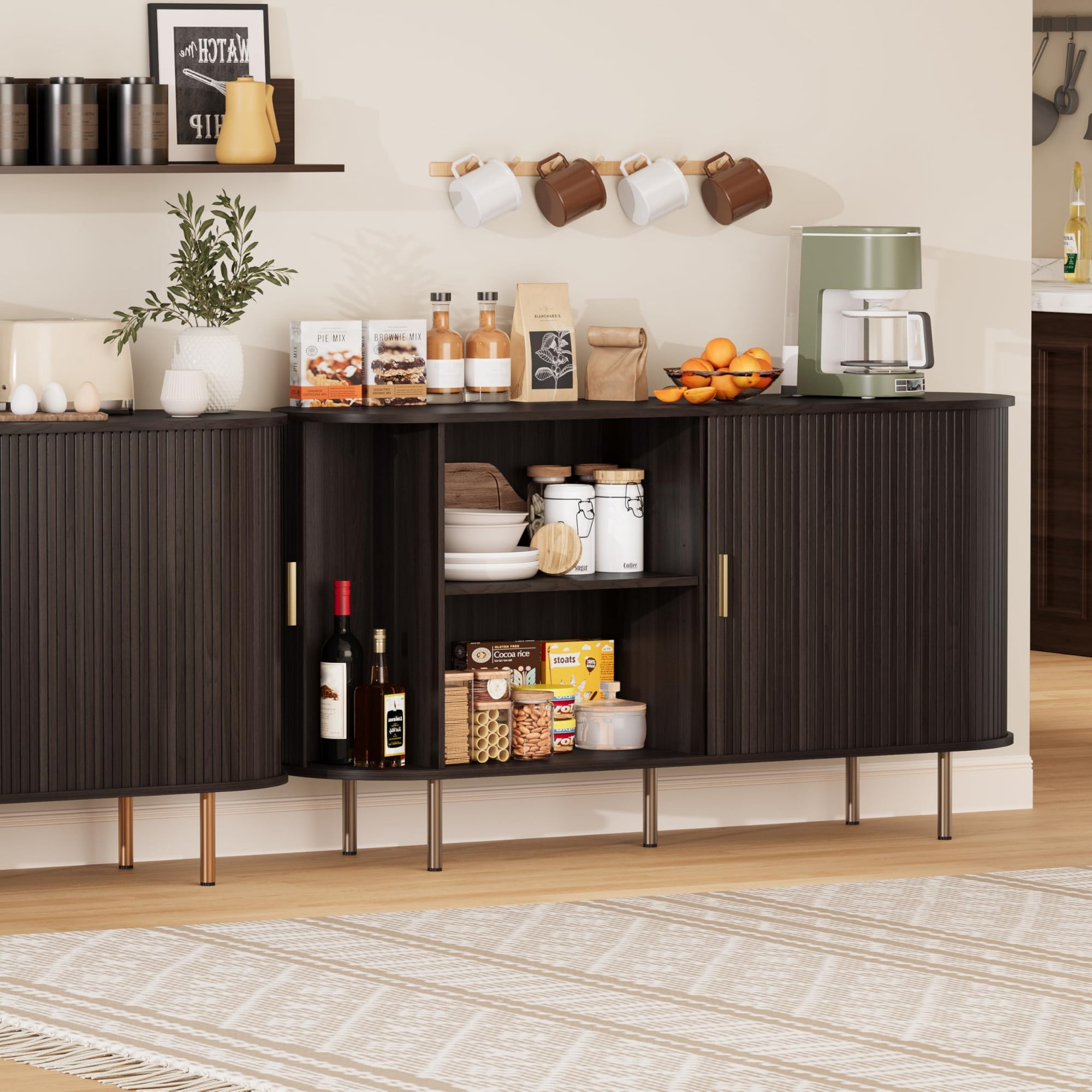 Mid Century Modern Sideboard Buffet Cabinet, 55 Inch Fluted Coffee Bar Console with Tambour Sliding Doors, Black