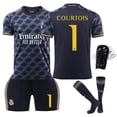 thumbnail image 1 of 2324 Camiseta de fútbol visitante del Real Madrid No. 7 Vinicius 5 Bellingham 10 Modric conjunto de camisetas para niñosCourtois 1º con calcetines a juego+equipo de protección, 1 of 3