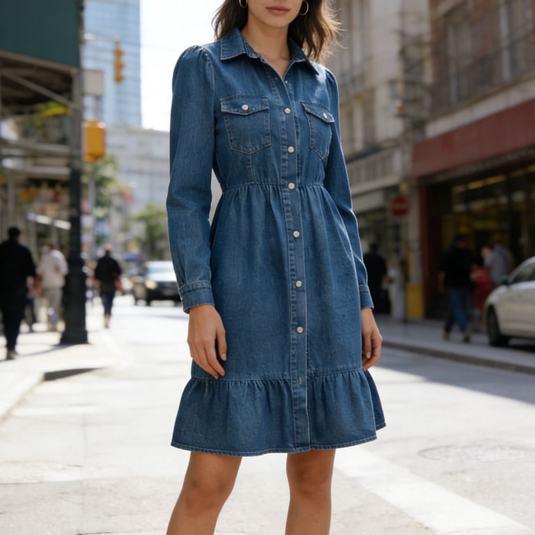 button ruffle hem denim dress Beau Blue Button Down Short Puff Sleeve Ruffle Hem Patchwork Denim Dress
