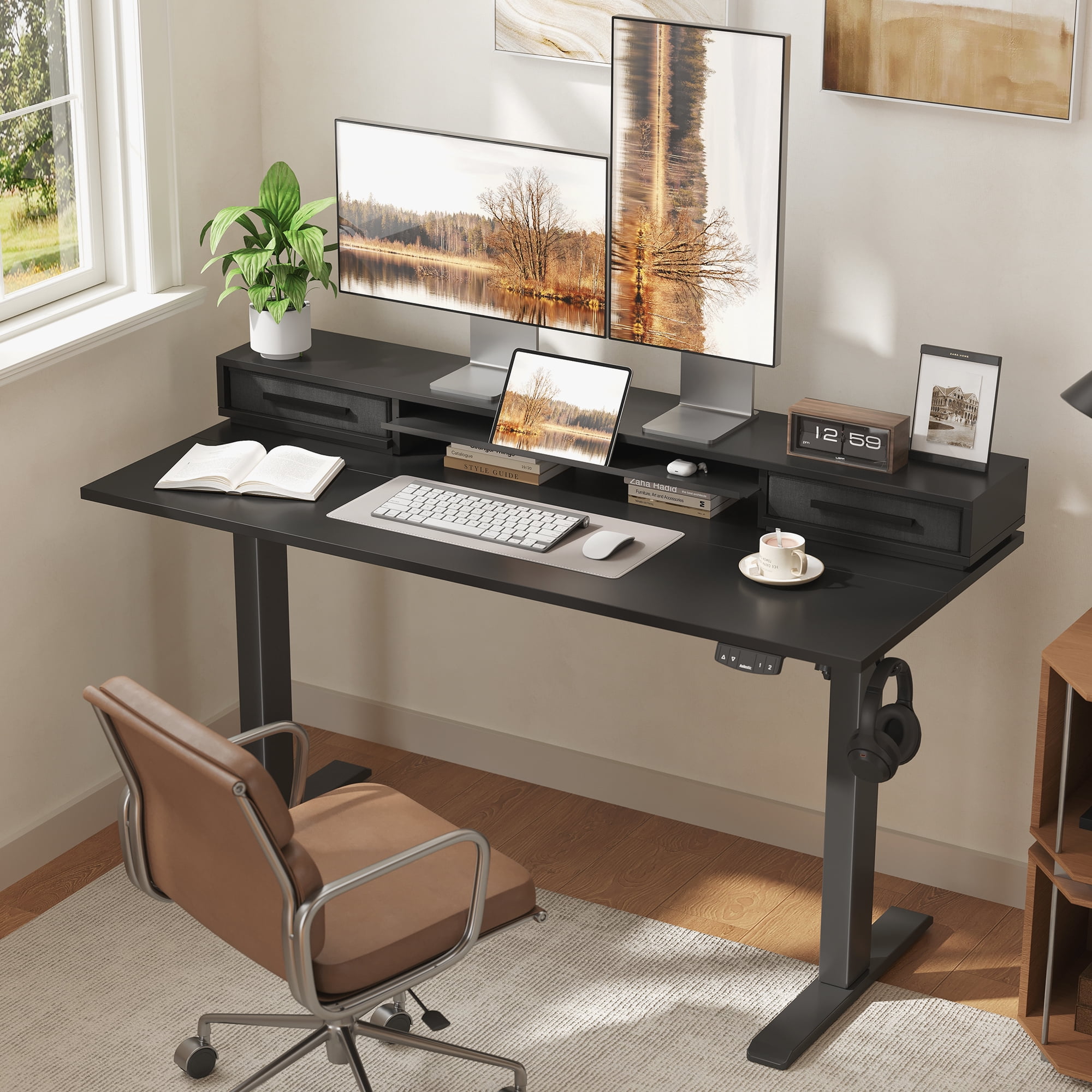 55.1 Inch Electric Standing Desk with Double Drawers & Stand up Desk with Storage Shelf, Height Adjustable Ergonomic Home Office Desk with Hooks, Computer Workstation for Home and Office, Black