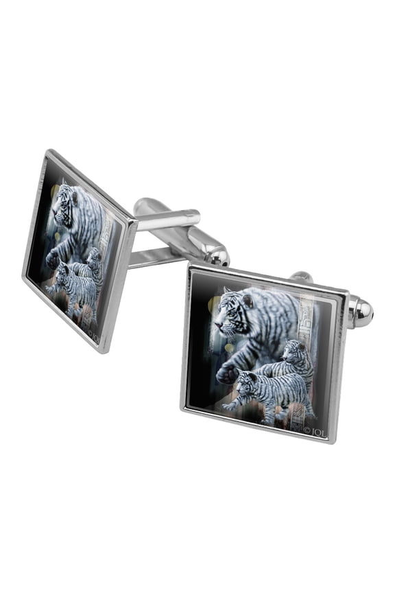 White Bengal Tigers Square Cufflink Set - Silver or Gold