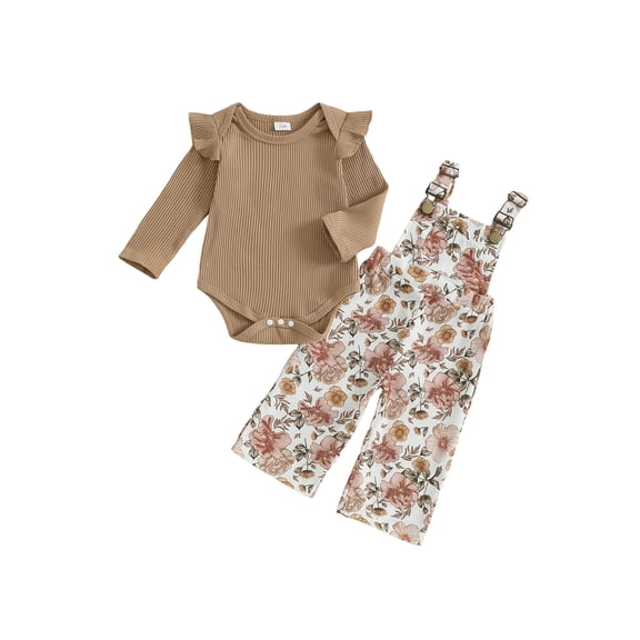 BemeyourBBs Baby Girls Clothing Set Long Sleeve Ribbed Romper with Print Overalls