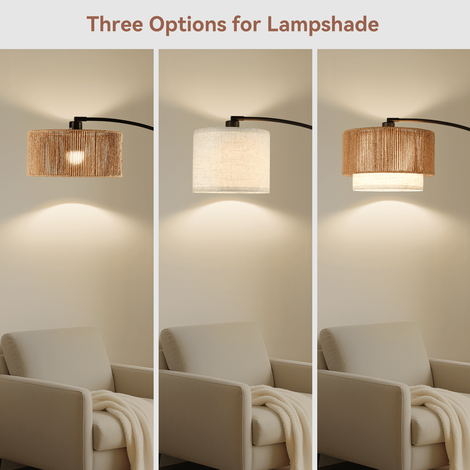 SUNMORY Floor Lamps for Living Room with 12W LED Bulb, Arc Floor Lamp with 3 Color Temperatures, Farmhouse Floor Lamps with Adjustable Rattan & Fabric Shades, Boho Standing Lamp for Bedroom, Corner