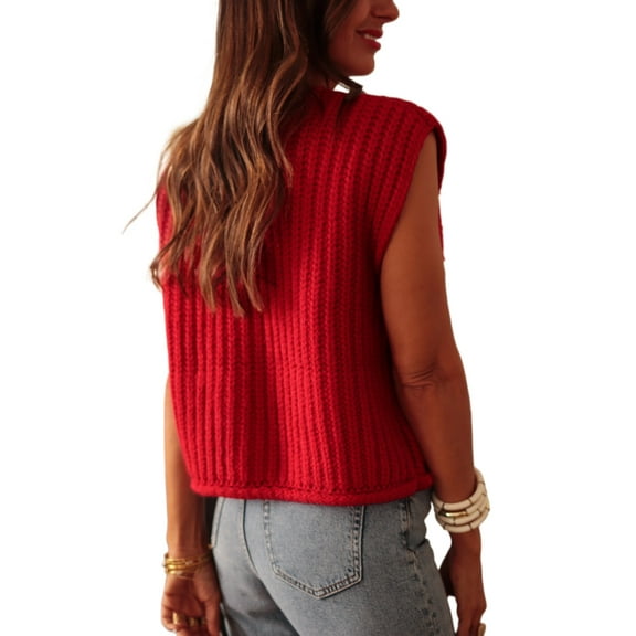 Women's Fiery Red Solid Textured Knit Sweater Vest with Side Pockets | [ZhiHiMeRi] | (US 12-14)L