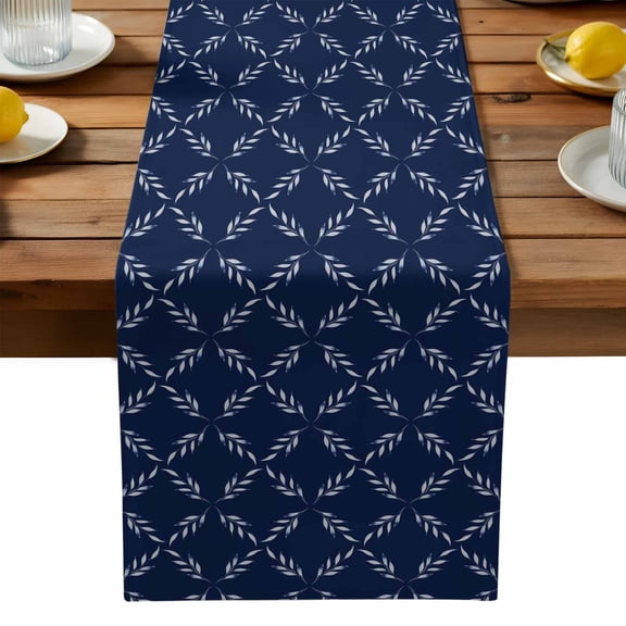 Navy Blue Cotton Linen Table Runner for Dining Kitchen, Geometric Leaf Diamond Plaid Abstract Check Wedding Outdoor Party Tablerunners Decoration, Dresser Scarf Coffee Tablecloth Runners 13x72 Inches