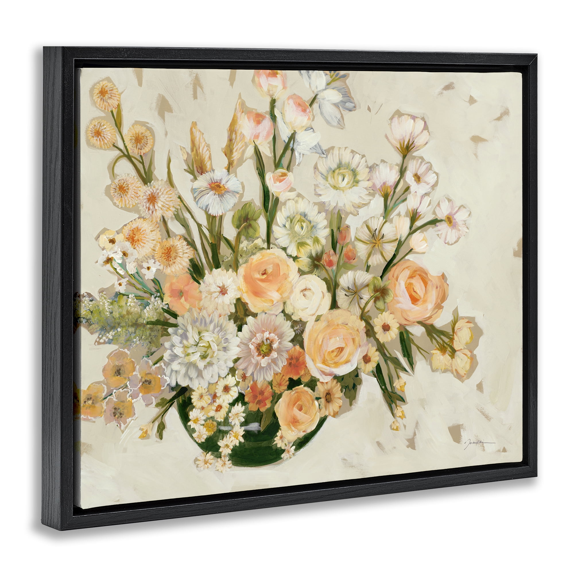 Stupell Industries Beige Shabby Chic Flowers Floral & Botanical Painting Black Floater Framed Canvas Art Print Wall Art, 21 x 17