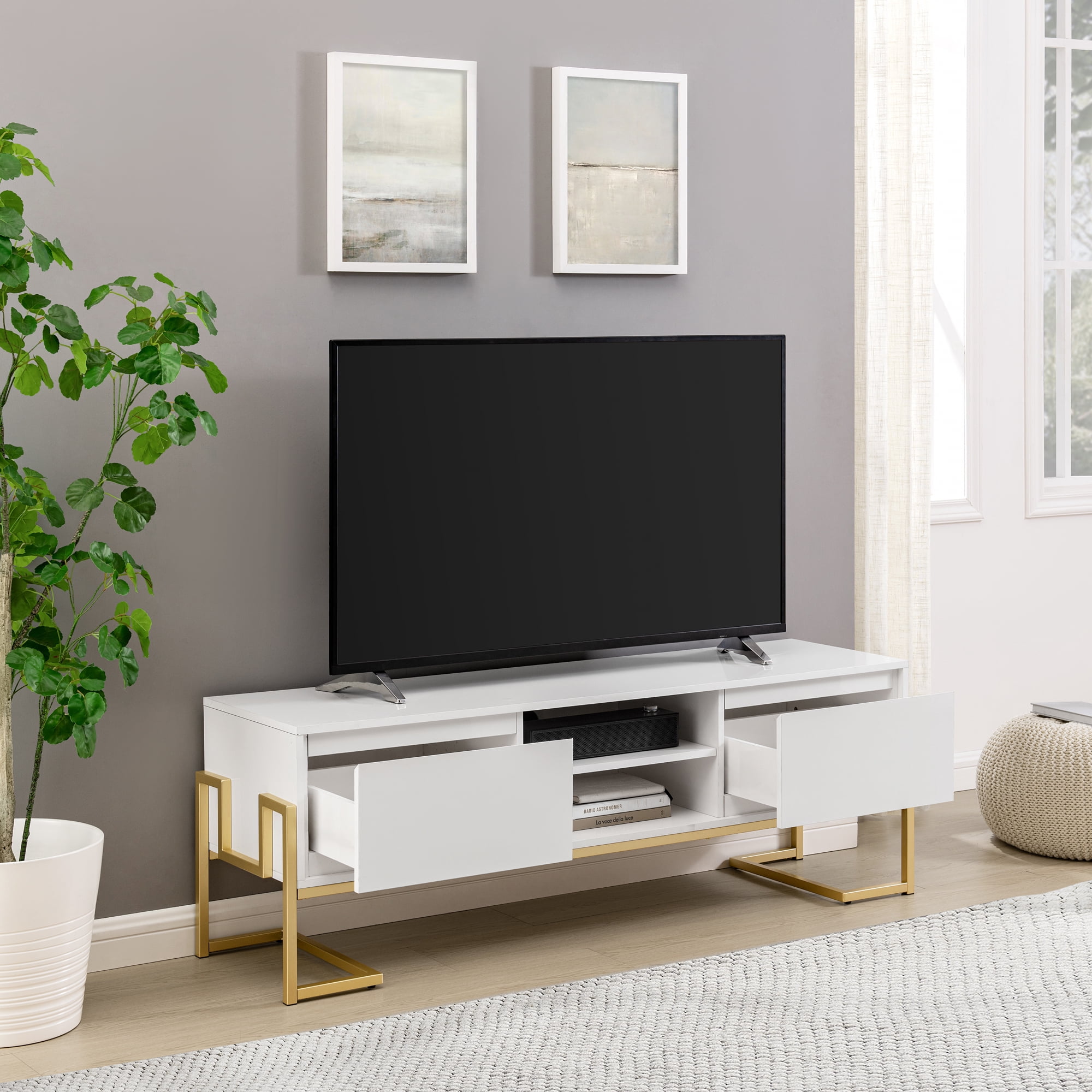 Walker Edison Modern 60" 2-Drawer Media Console, Solid White