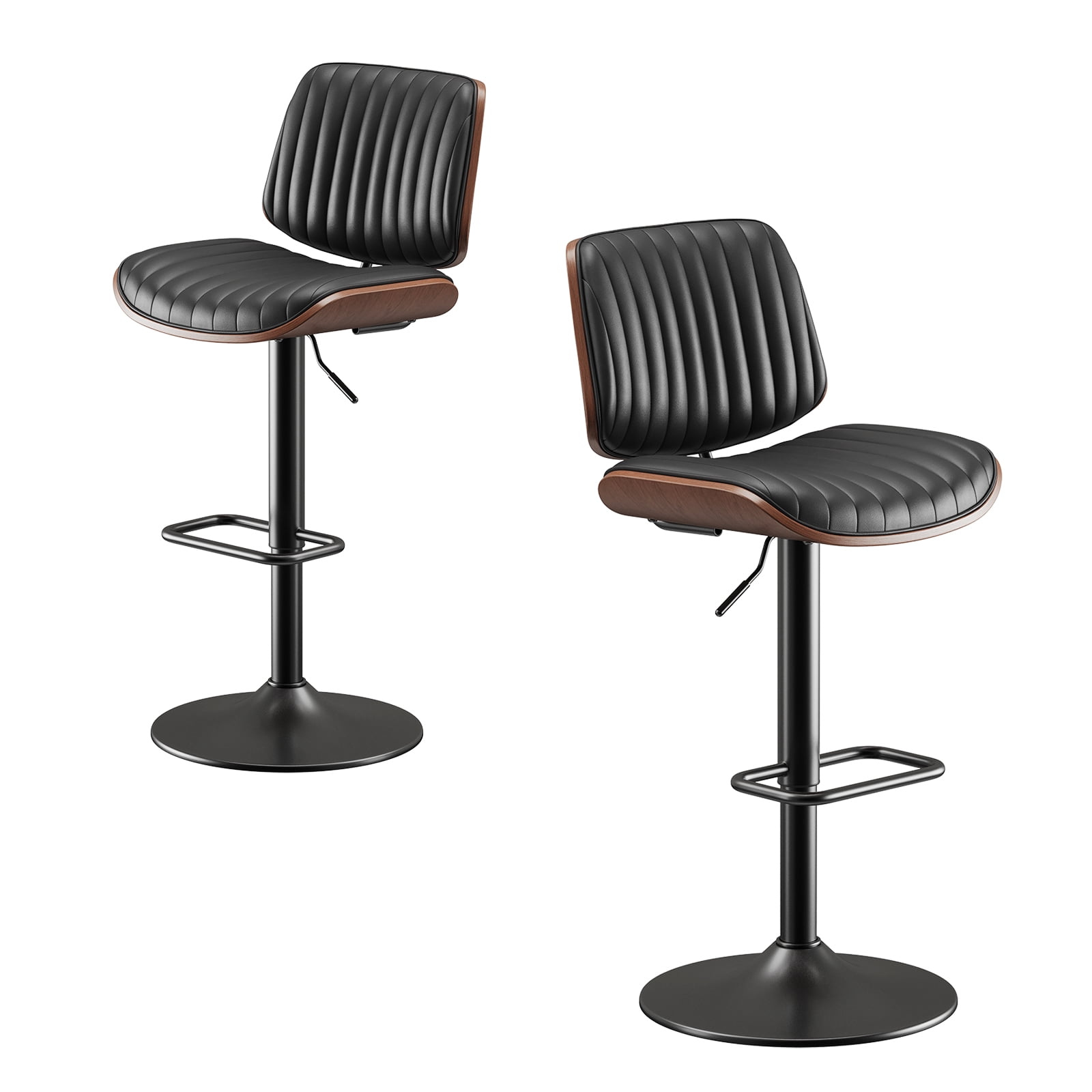EOP Modern Upholstered Barstools Set of 2, Adjustable Height Counter Stools with Bentwood, Faux Leather Swivel Bar Stools with Metal Frame, Black