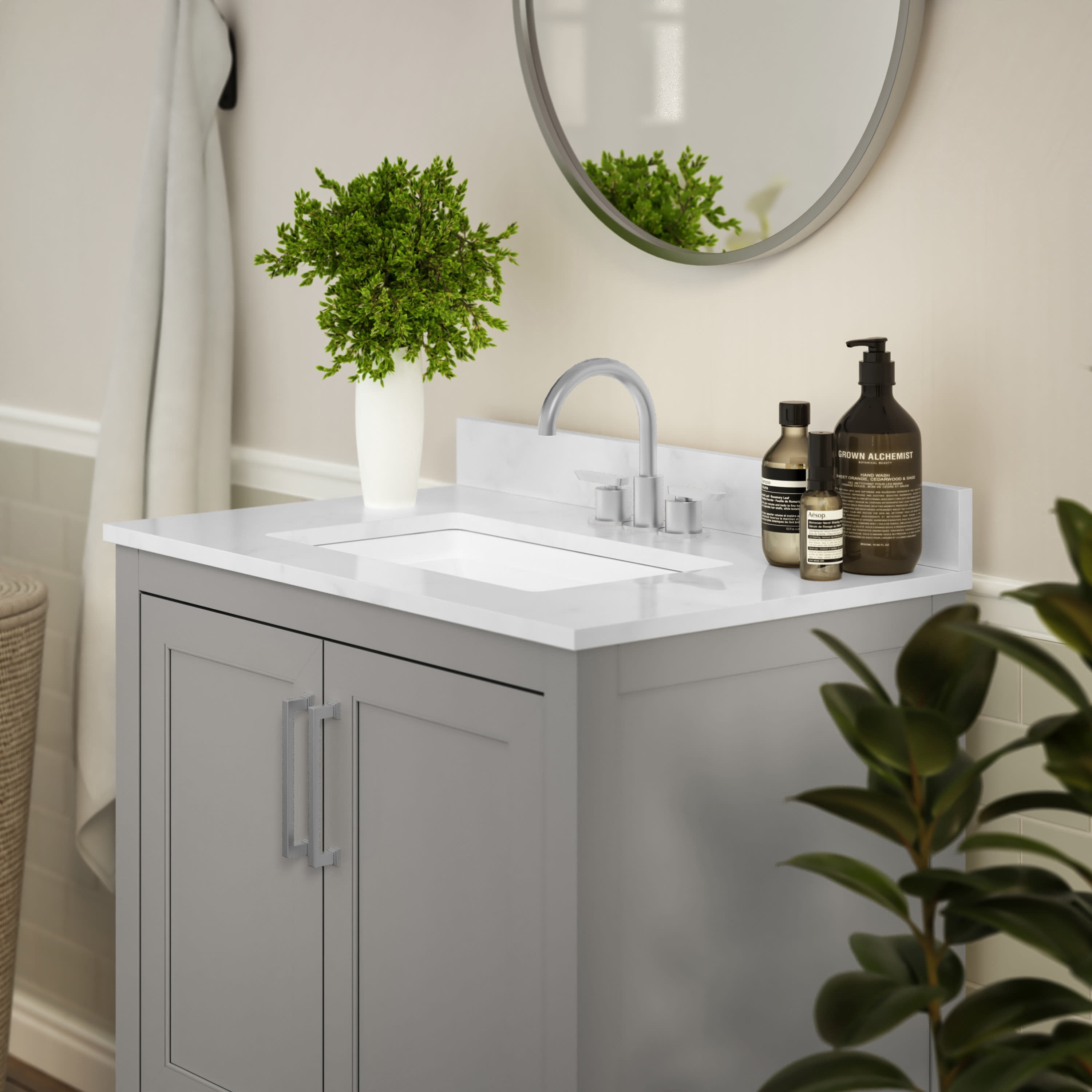 BizChair 30 Inch Bathroom Vanity with Sink Combo, Storage Cabinet with Soft Close Doors and Open Shelf, Carrara Marble Finish Countertop, Gray/White