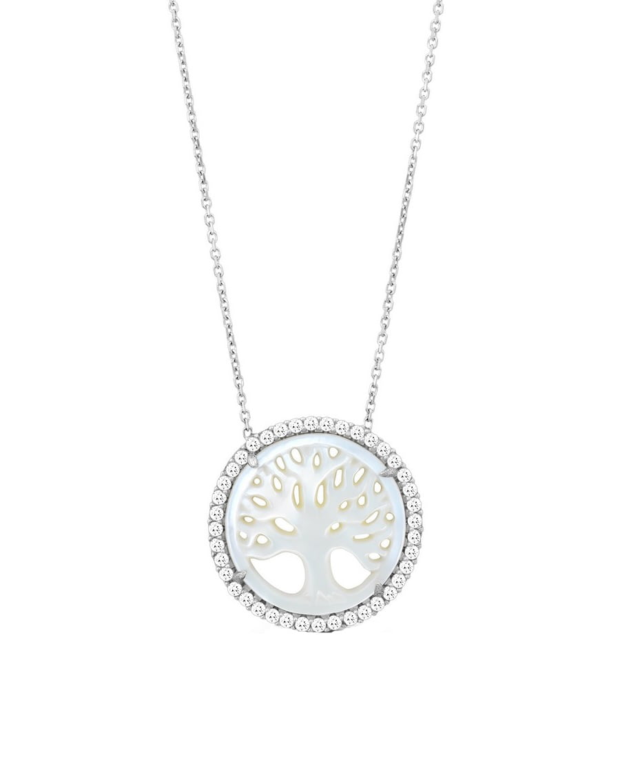 Sterling Silver MOP Tree of Life CZ Necklace with 2 Extension