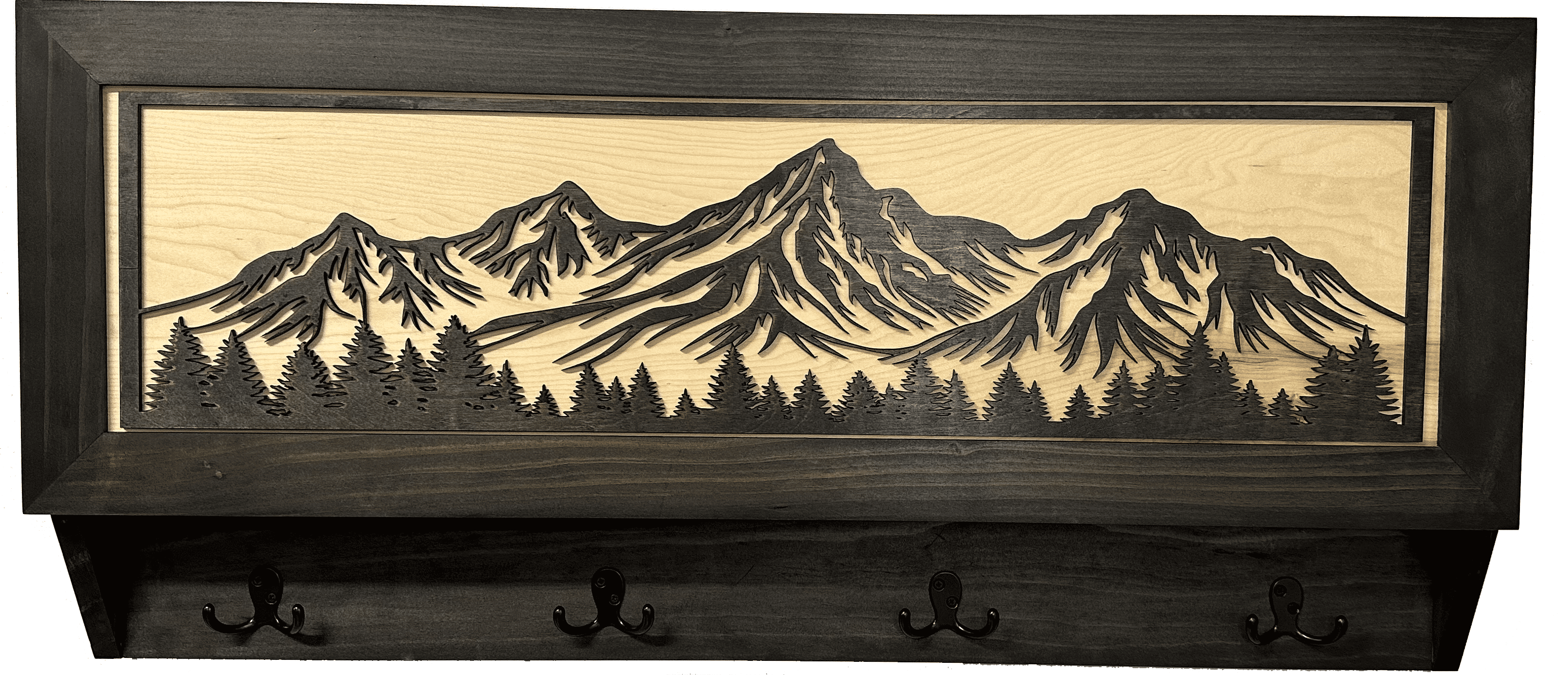 Secure Gun Cabinet with Rustic Mountain Theme Black and Natural Wood Coat Rack