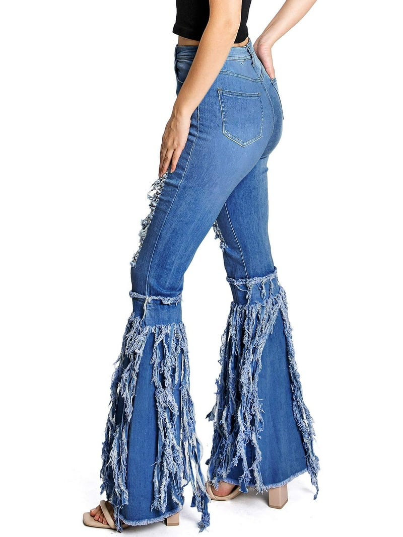 JC JQ JEANS Women's High Rise Heavy Distressed Festival Fringe