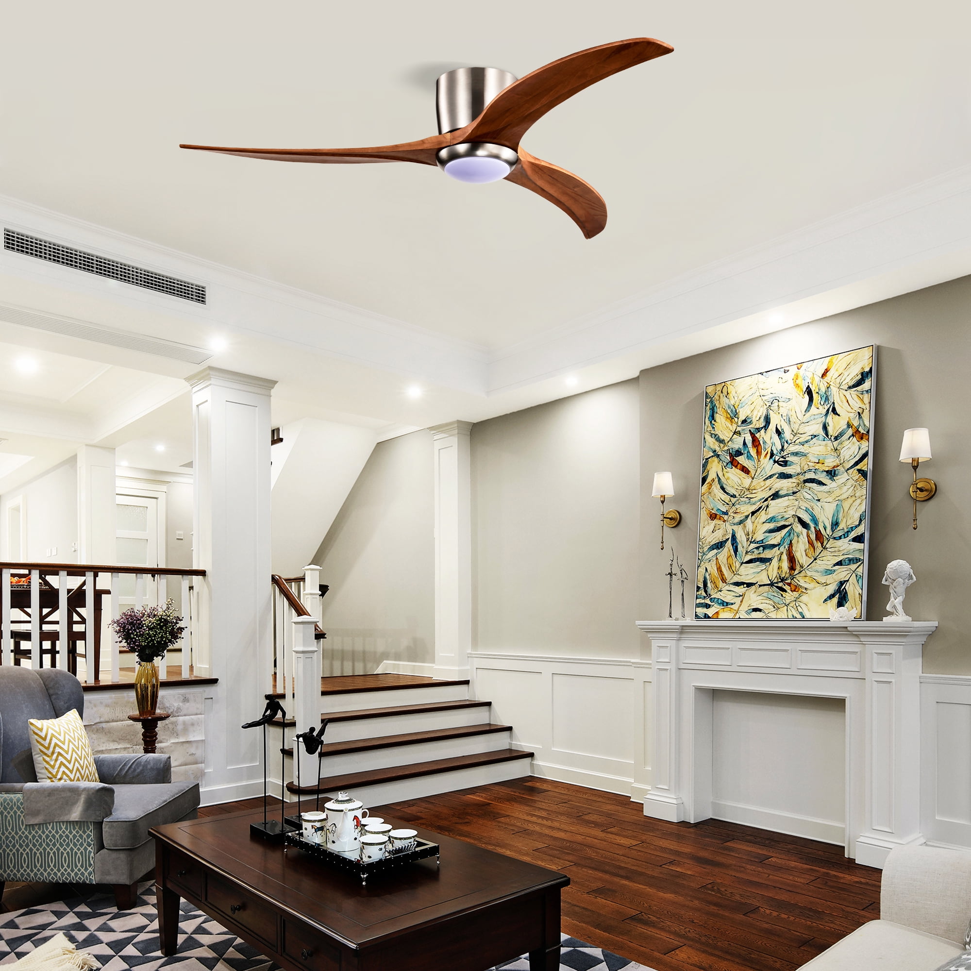 Leumius 52" Solid Wood Blades Ceiling Fan with Light and Remote Control, Noiseless Reversible Motor, 6 Speed for Patio Living Room, Bedroom Nickel