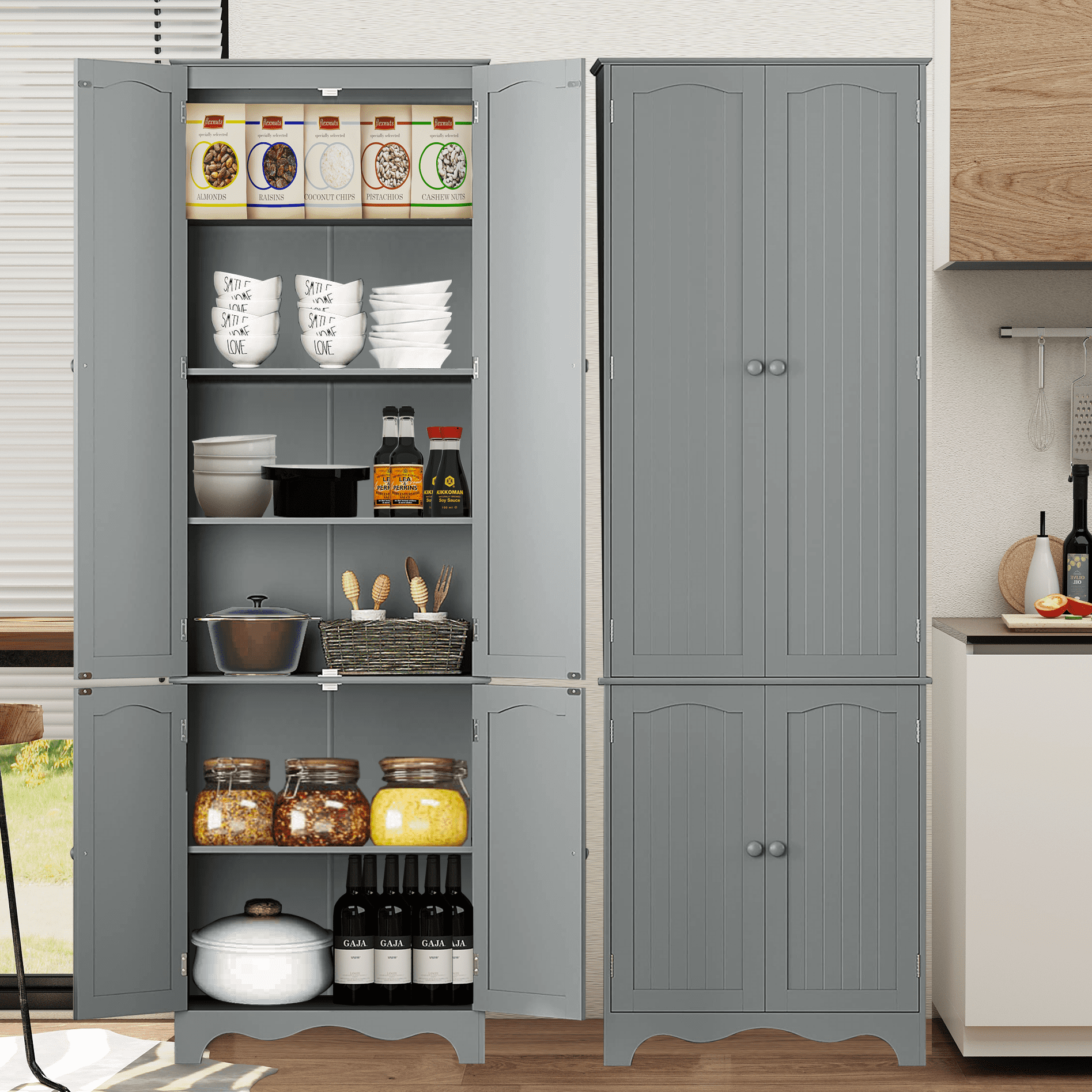 Yusong Kitchen Pantry Storage Cabinet Cupboard with Doors and 6 Adjustable  Shelves for Small Space, Farmhouse Pantries Organization Cabinets for  Dining Room, Living Room, Gray 
