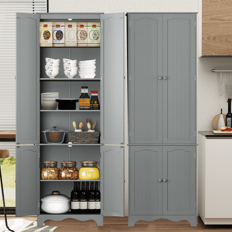 Freestanding Tall Kitchen Pantry, 72.4'' Kitchen Storage Cabinet Organizer  with 4 Doors and Adjustable Shelves, Minimalist Accent Sideboard for  Kitchen, Dining Room, Entryway, Gray 