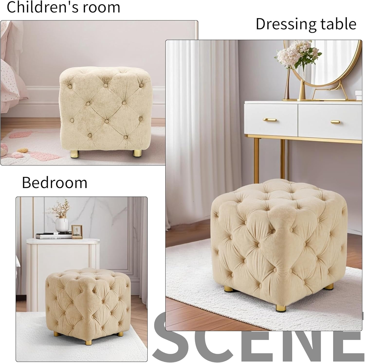 LEHZROAJ Button Tufted Velvet Vanity Stool with Metal Legs, Modern Makeup Ottoman, Upholstered Foot Rest Footstool for Living Room Bedroom （Beige）