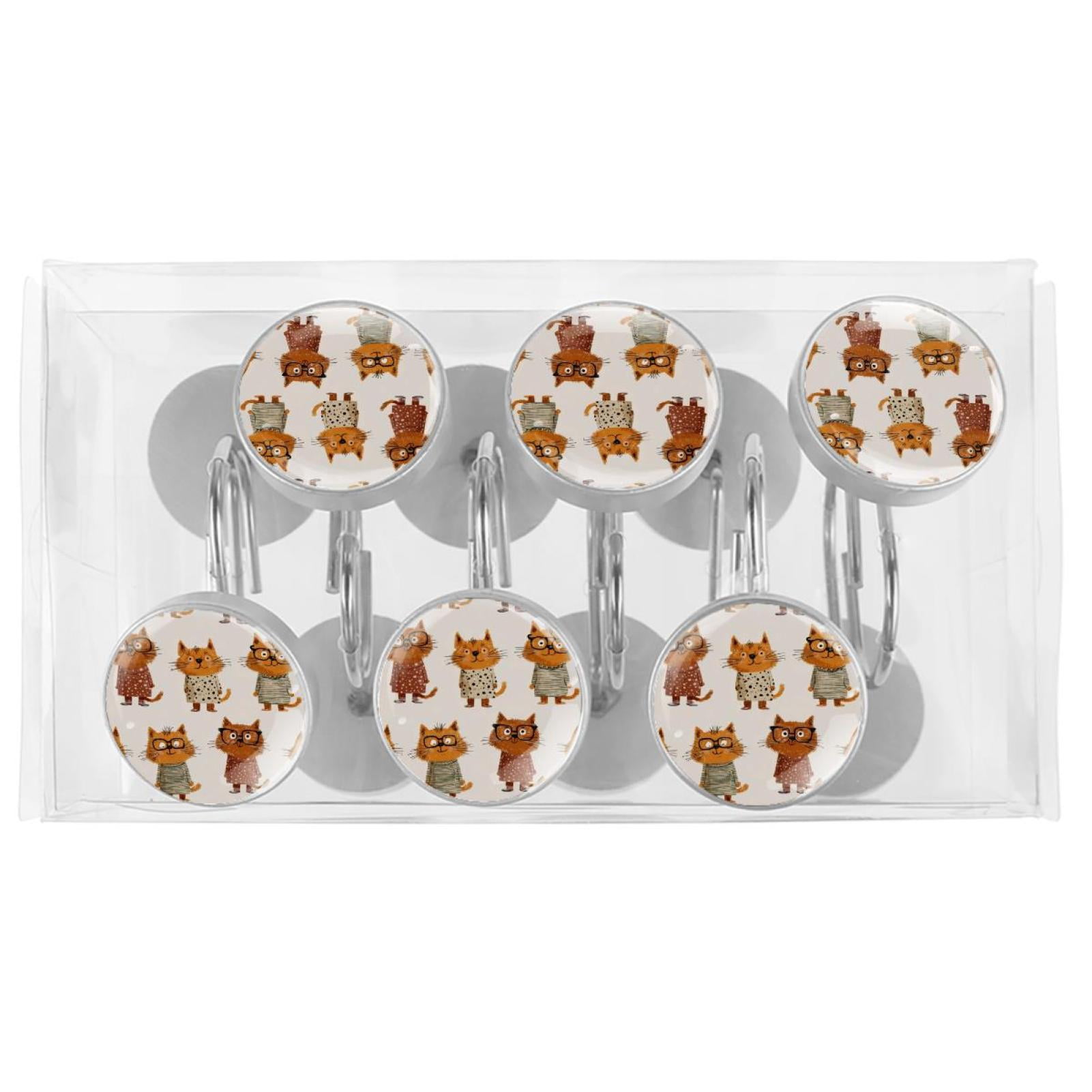 12pcs Decorative Shower Curtain Hooks, Rust Resistant Shower Rings for Bathroom Living Room,Rustproof Stainless Steel Rings for Shower Curtain and Liner Rods,Cartoon Sweater Glasses Cat