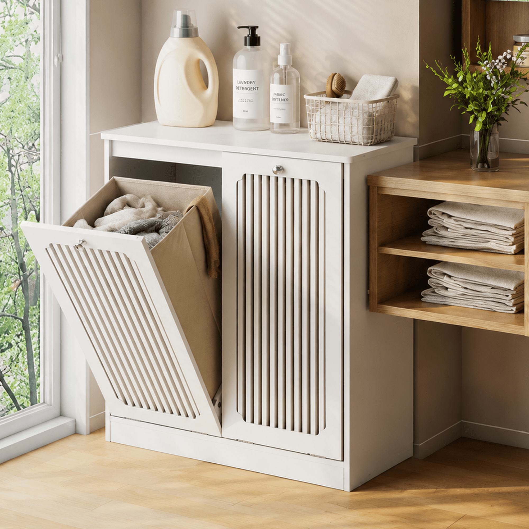 Leumius Flip-top Louvered Laundry Basket Cabinet, Household Double-Section Fabric Laundry Storage Cabinet for Balcony and Bathroom White