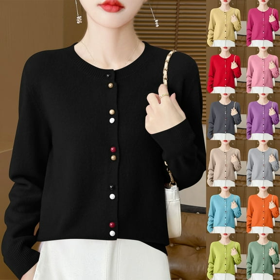 Women's Soft and Cozy Short-Length Sweater Jacket for Fall and Winter, Round Neck Design, Winter Clothes for Women,Black,L