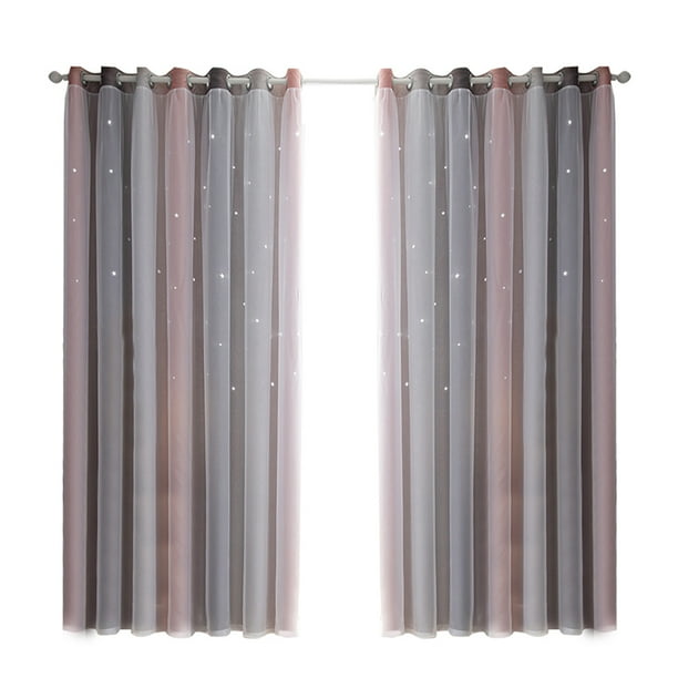 Cortinas de tul con estrellas caladas en tono gris degradado, diseño elegante y personalizable, doble capa para privacidad y estilo, medidas 134W x 160L, ideal para cualquier espacio.
