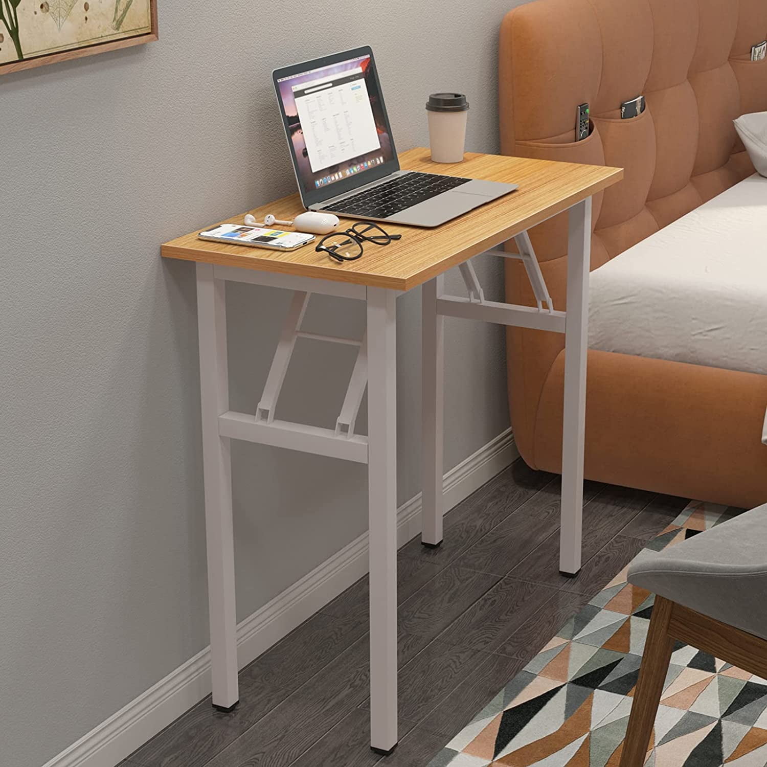SOGES 31.5 inches Folding Desk No Assembly Sturdy Small Writing Desk for Small Spaces, Teak & White