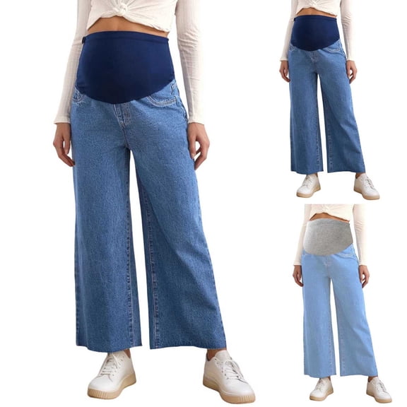Bixock Women's Maternity Pants Jeans Over The Belly Support Stretch Pregnancy Denim Pant Loose Wide Leg Pants with Pockets Maternity Clothes