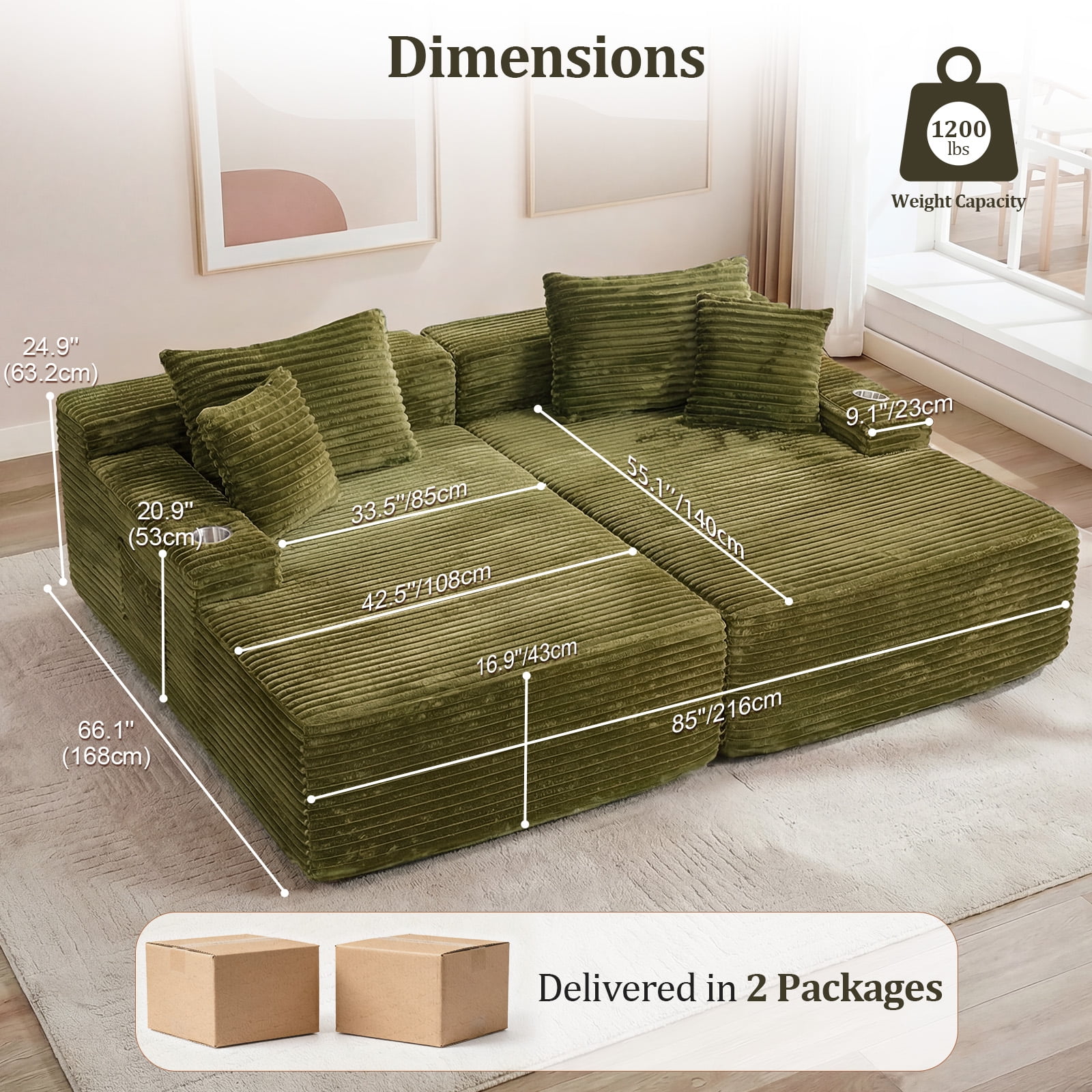 IPKIG Green Corduroy 85" Double Chaise Sofa Bed, No-Assembly-Required Oversized Loveseat with Boneless Cloud Sleeper Design