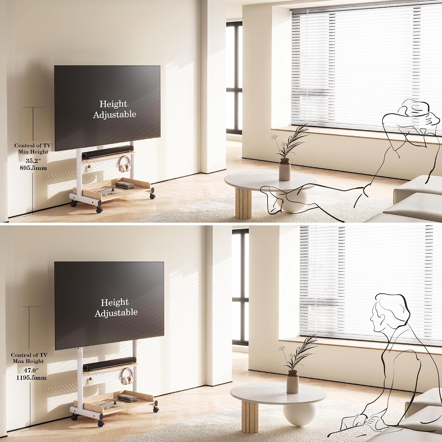 FITUEYES Rolling TV Stand for 40–85 Inch TVs, White, Wood Shelf & Pegboard