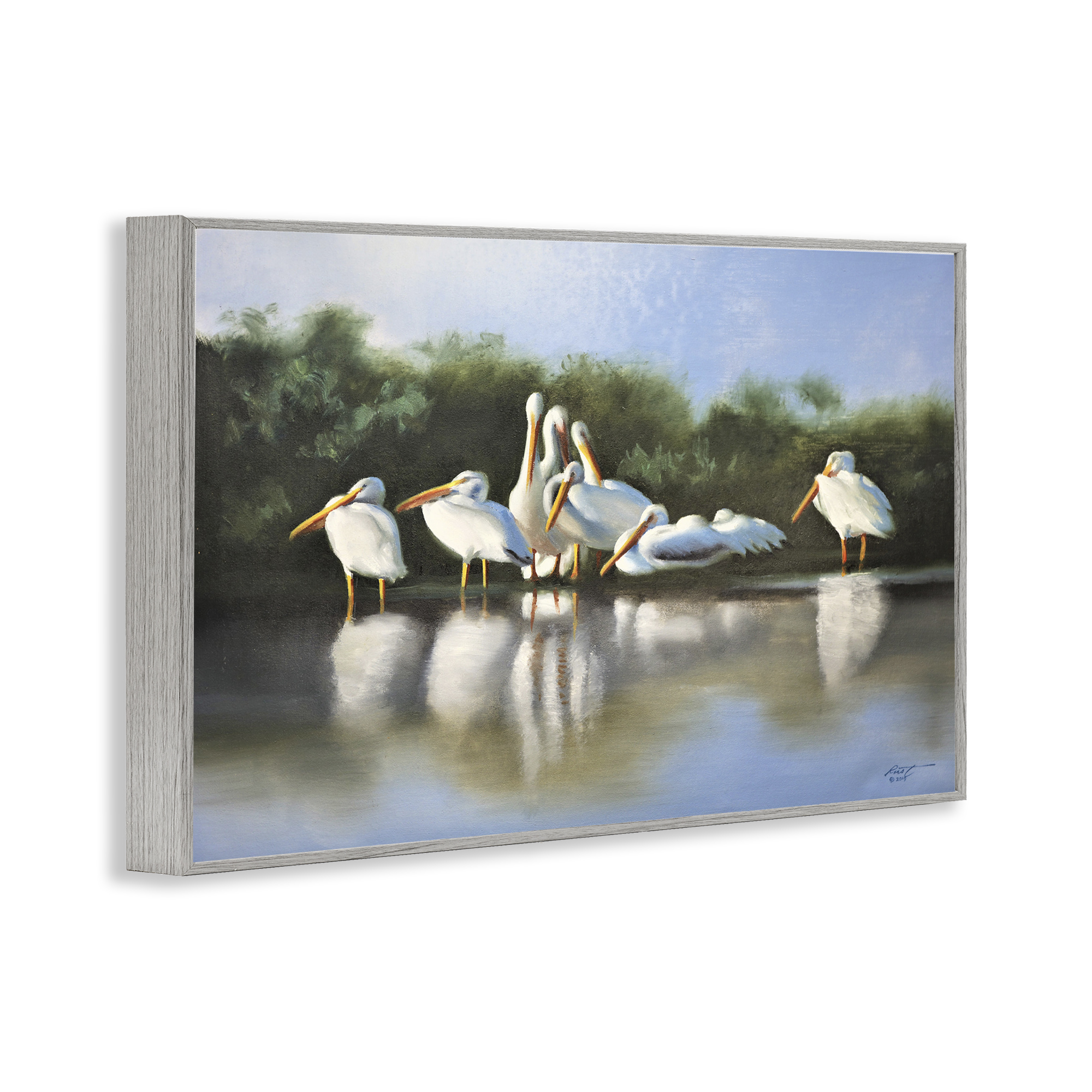 Stupell Industries White Pelicans Flock Animals & Insects Painting Gray Framed Art Print Wall Art, 18 x 12