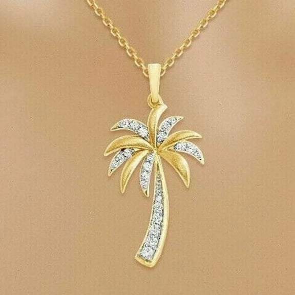 2 Ct Lab Created Round Diamond Women's Palm Tree Pendant 14K Yellow Gold Plated