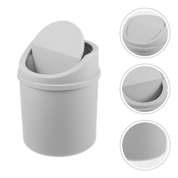 BESTOYARD Plastic Small Trash Can with Swing Lid for Desktop Organization in Grey