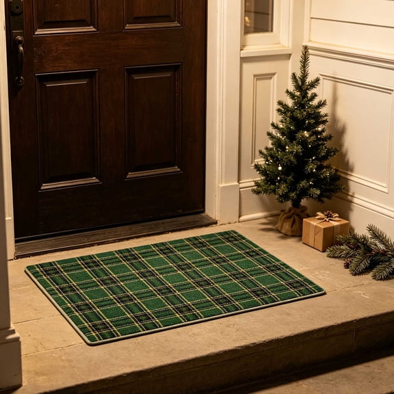 Christmas Green Tartan Plaid Doormat, Xmas Holiday Entry Rug, Anti Slip Front Door Mat, Dirt Trapping Floor Rug for Indoor Outdoor Porch, Garage and Hallway Decor Mat Decor