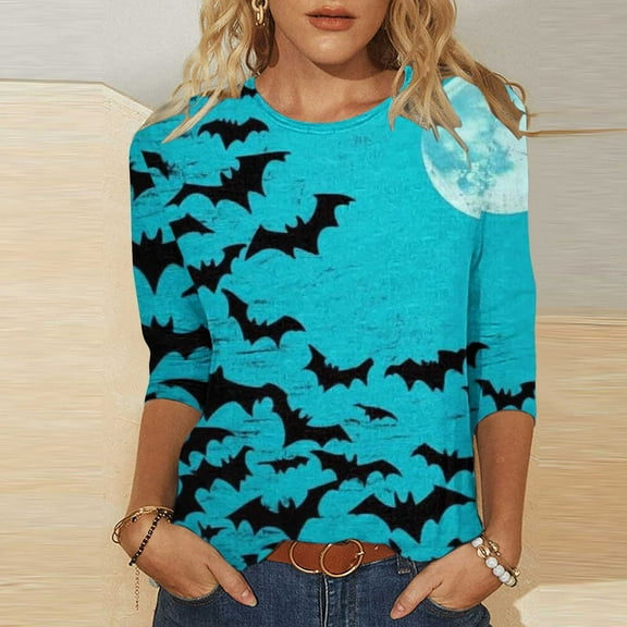 VKOYWKM Halloween Tshirts for Women 3/4 Length Sleeve Womens Tops Fall Crew Neck Loose Bat Graphic T Shirts Halloween Costume