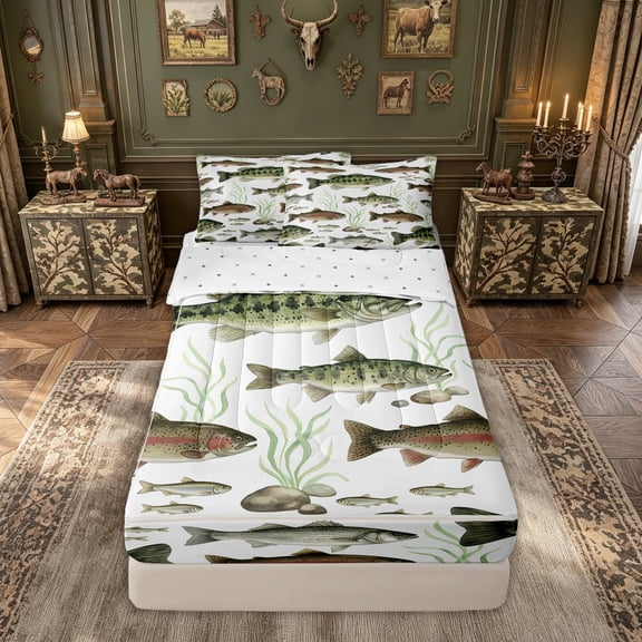 meiyoeat Watercolor Trout Bass Fish Zipper Comforter Set with Fitted Sheet and 2 Pillowcases for Men Kids, Rustic Wildlife Zipper Bedding Set, Green Brown, Reversible, 3pcs