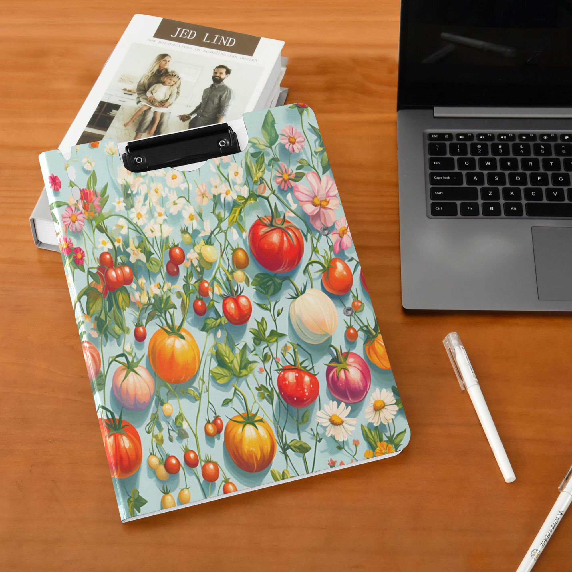 FORMRS A4 Clipboard Folder with Pen Holder Horizontal Foldable School Office Binder, Green Floral Tomatoes