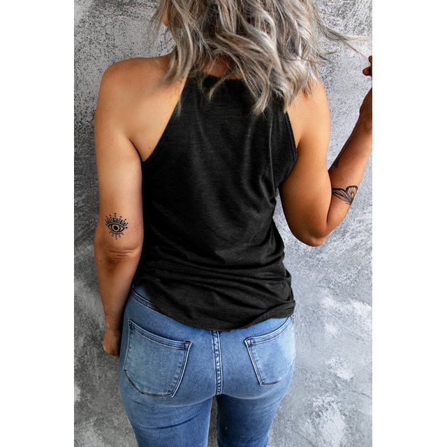 ABPHQTO Camiseta sin mangas con estampado gráfico de coche HAPPY CAMPER de la bandera americana negra para mujer