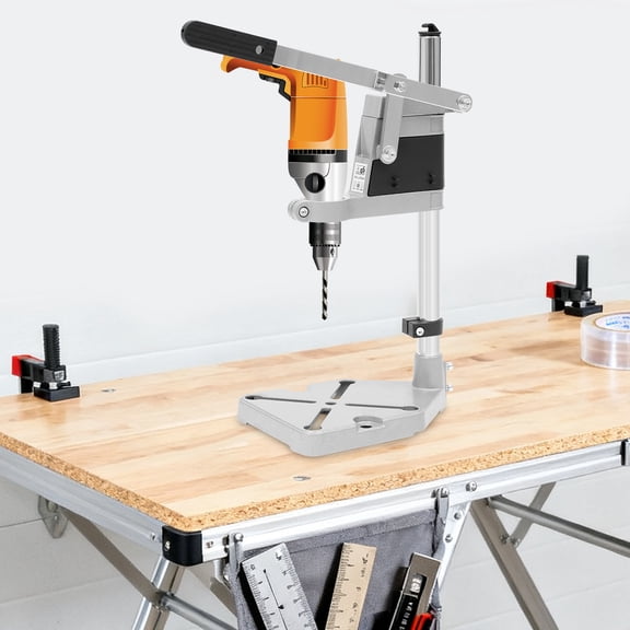 Adjustable Dual Hole Drill Press Stand Aluminum Iron Precision Drill Holder Height Adjustable Cross Base Drilling Support with Fixing Plier
