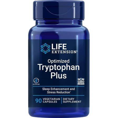 Life Extension Optimized Tryptophan Plus, niacin, L-lysine, L-tryptophan, support for healthy sleep, mood, stress response & satiety, gluten-free, non-GMO, vegetarian, 90 capsules