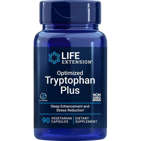 Life Extension Optimized Tryptophan Plus, niacin, L-lysine, L-tryptophan, support for healthy sleep, mood, stress response & satiety, gluten-free, non-GMO, vegetarian, 90 capsules