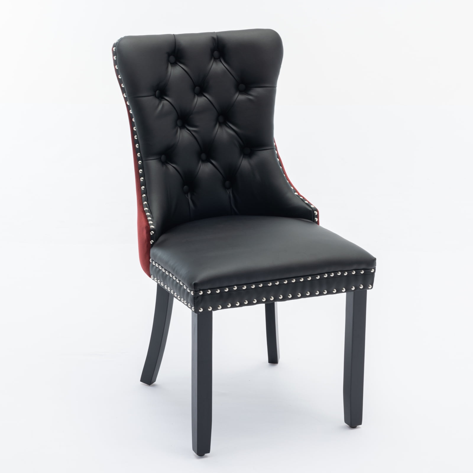 Yoneston Button Tufted Upholstered Dining Chairs Set of 2, Solid Wood Dining Chairs with Nailhead Trim, Elegant Accent Chairs for Dining Room, WineRed & Black