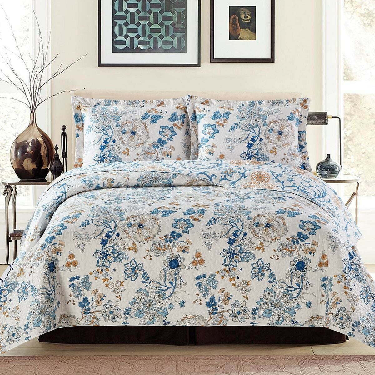 Layan Oversize Coverlet Floral Luxury Print Reversible Wrinkle-Free Set ...