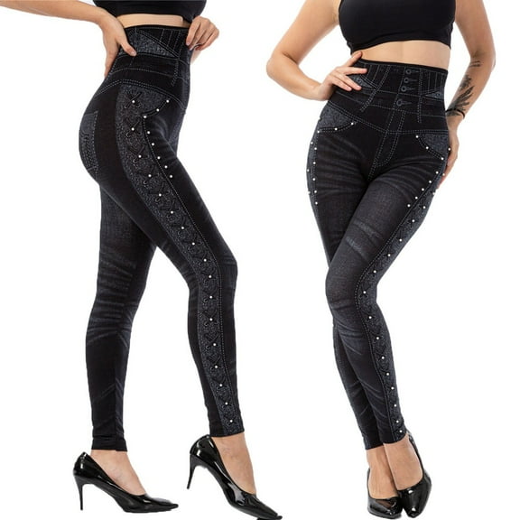 Women's Casual Imitation Cowboy Leggings Bead High Elasticity Slim Cropped Pants