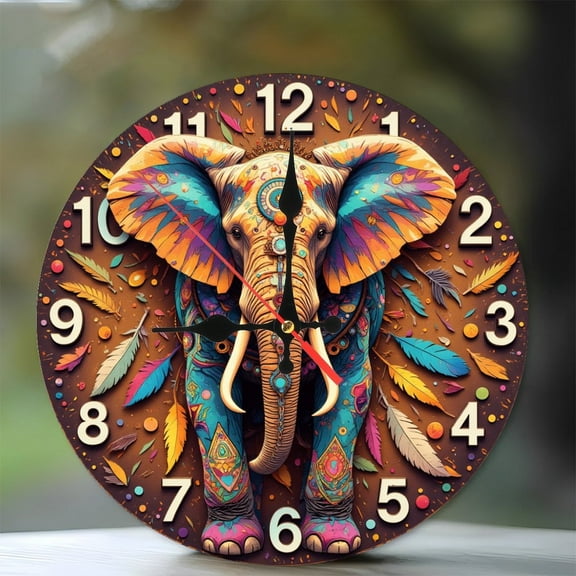 Colorful Elephant Wall Clock 10-Inch Silent Wooden Wall Clock, Battery Operated (AA Batteries Not Included), Artistic Home Decor