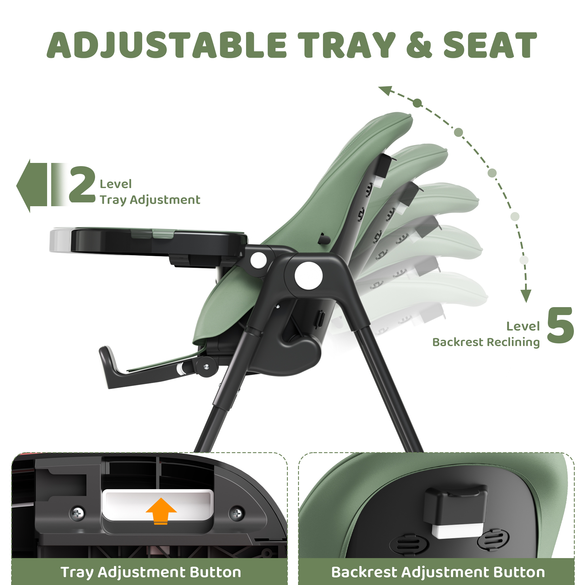 AILEEKISS Foldable High Chair, Green photo 7